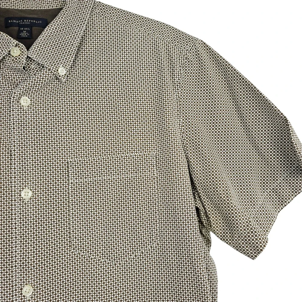 Banana Republic Men's Short Sleeve Button Down‎ Shirt Brown Geometric Medium